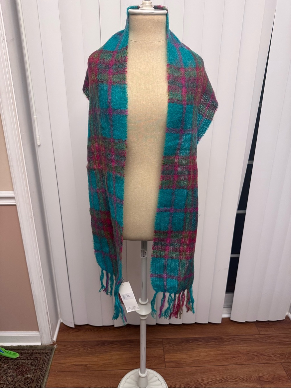 Teal and Magenta Plaid Fringe Scarf Wrap